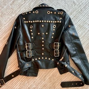 AZALEA WANG BLACK EMBELLISHED FAUX LEATHER MOTO JACKET FOR FALL WOMEN SMALL